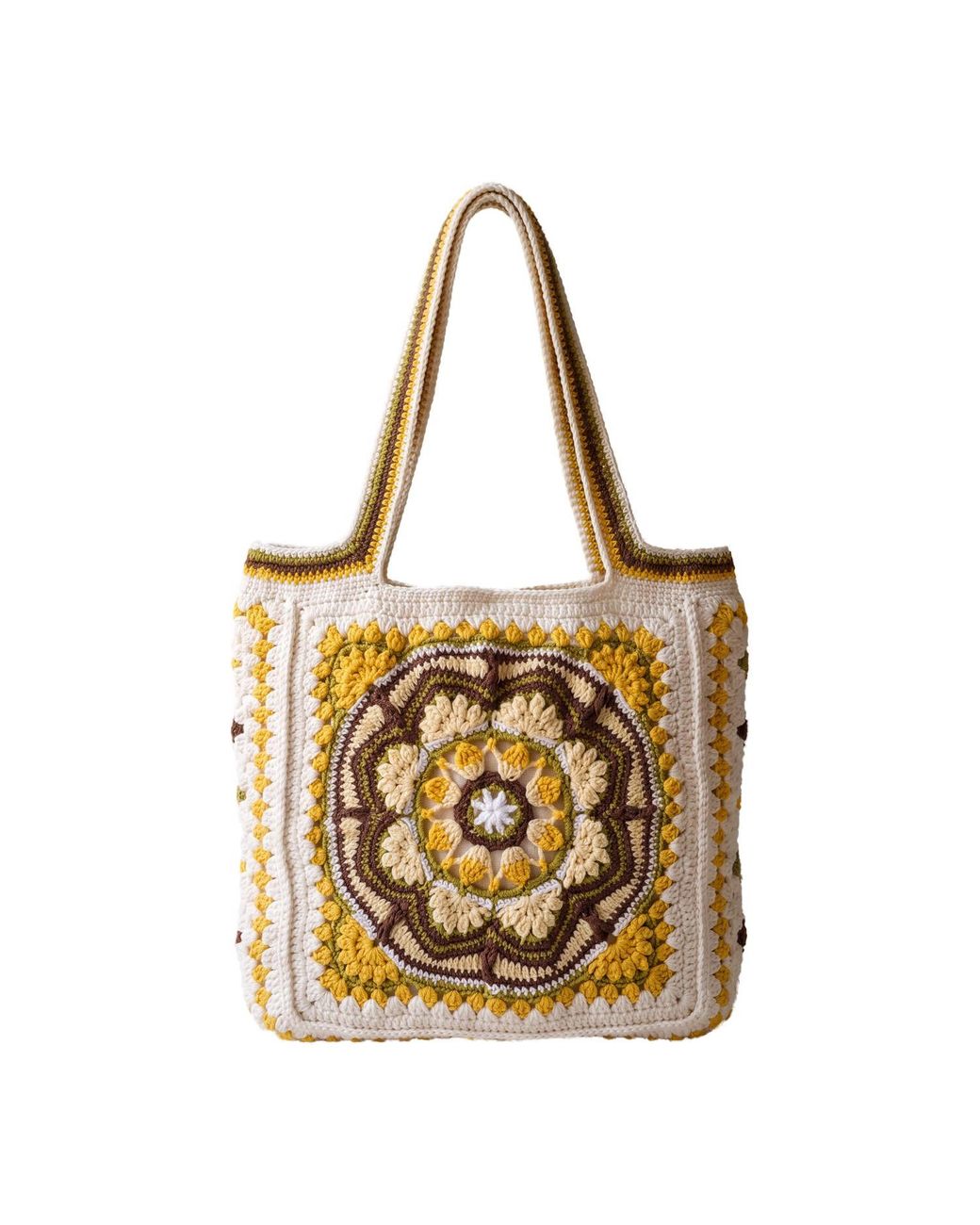Ana Chic Metallic Mustard Medallion Granny Square Handmade Crochet Tote Bag