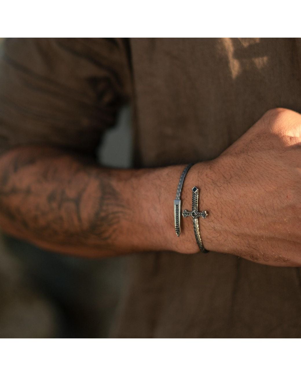Ebru Jewelry Blue Gothic Cross & Dagger Oxidized Sterling Wrap Bracelet for men