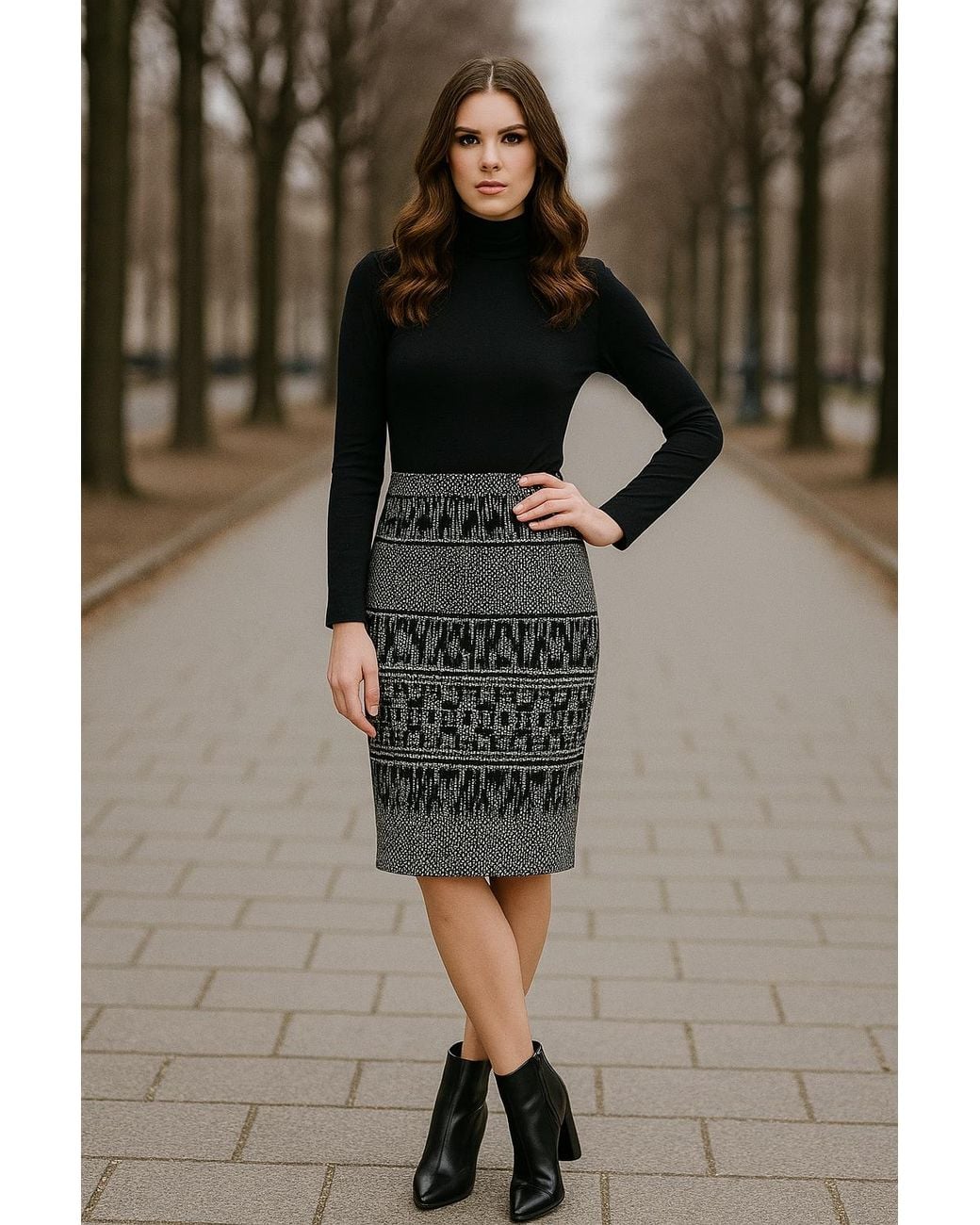 Conquista Gray Below-Knee Leopard Print Elastic Gabardine Pencil Skirt