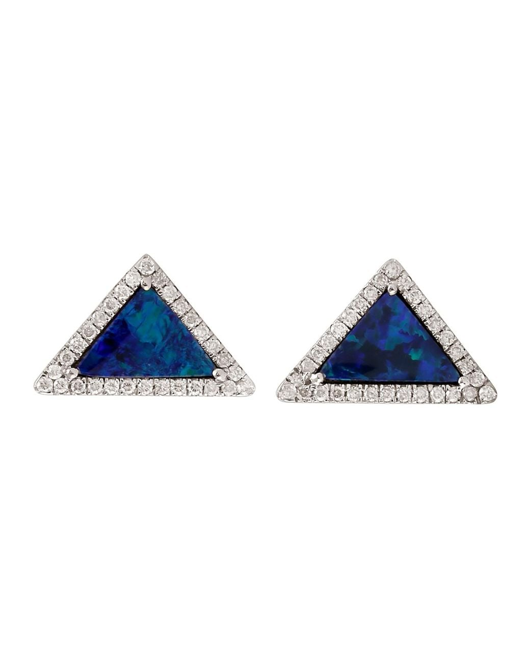Artisan Multicolor 18k White Gold Natural Diamond Opal Trillion Stud Earrings Minimal Jewelry
