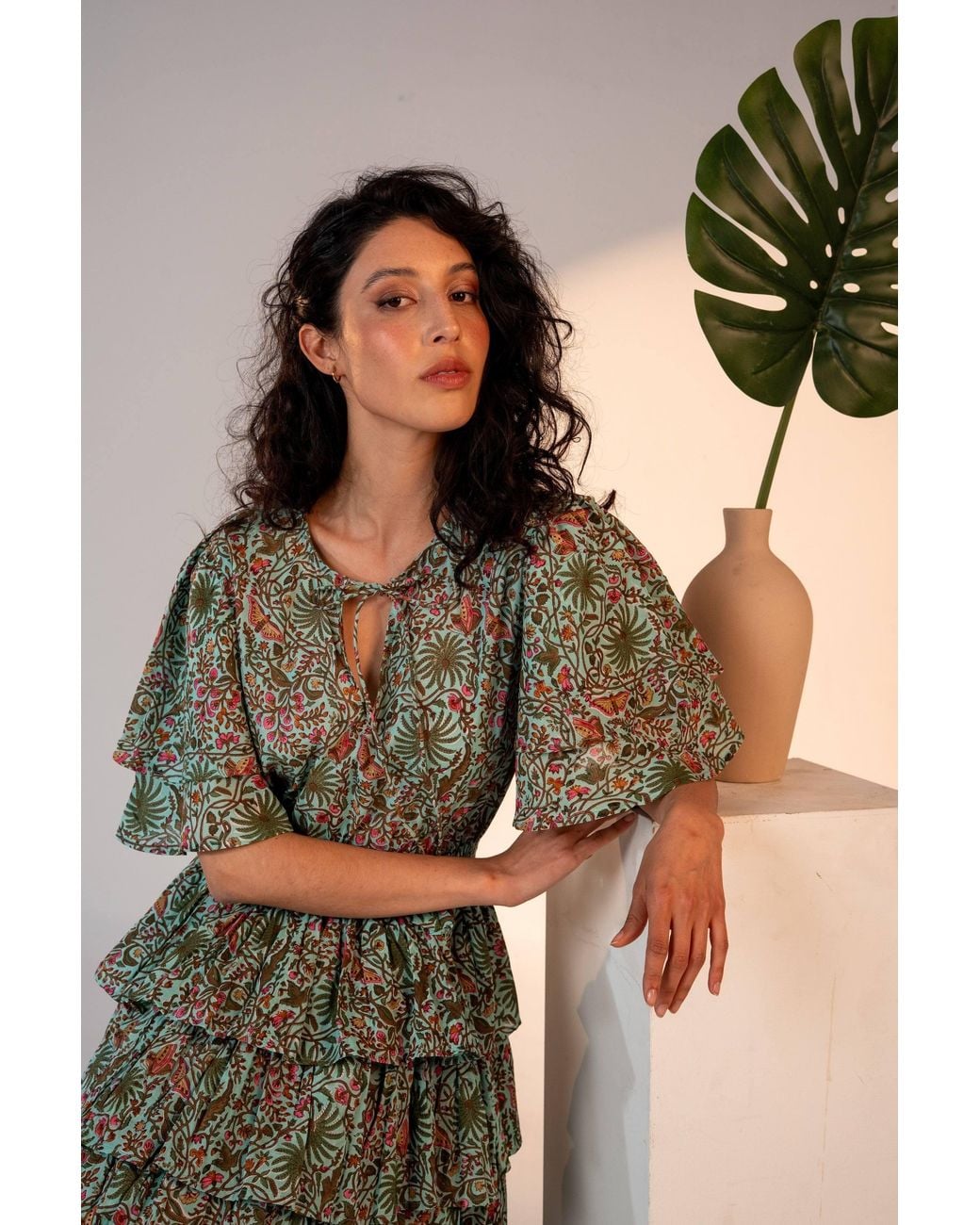 Carolina Benoit Green Palm Springs Clinched Waist Dress Print