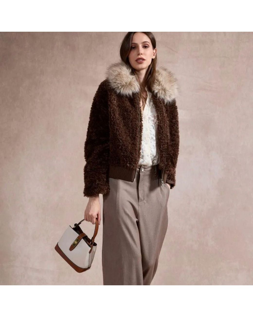 LAtelier London Brown Chocolate Teddy Jacket With Oversized Faux Fur Collar