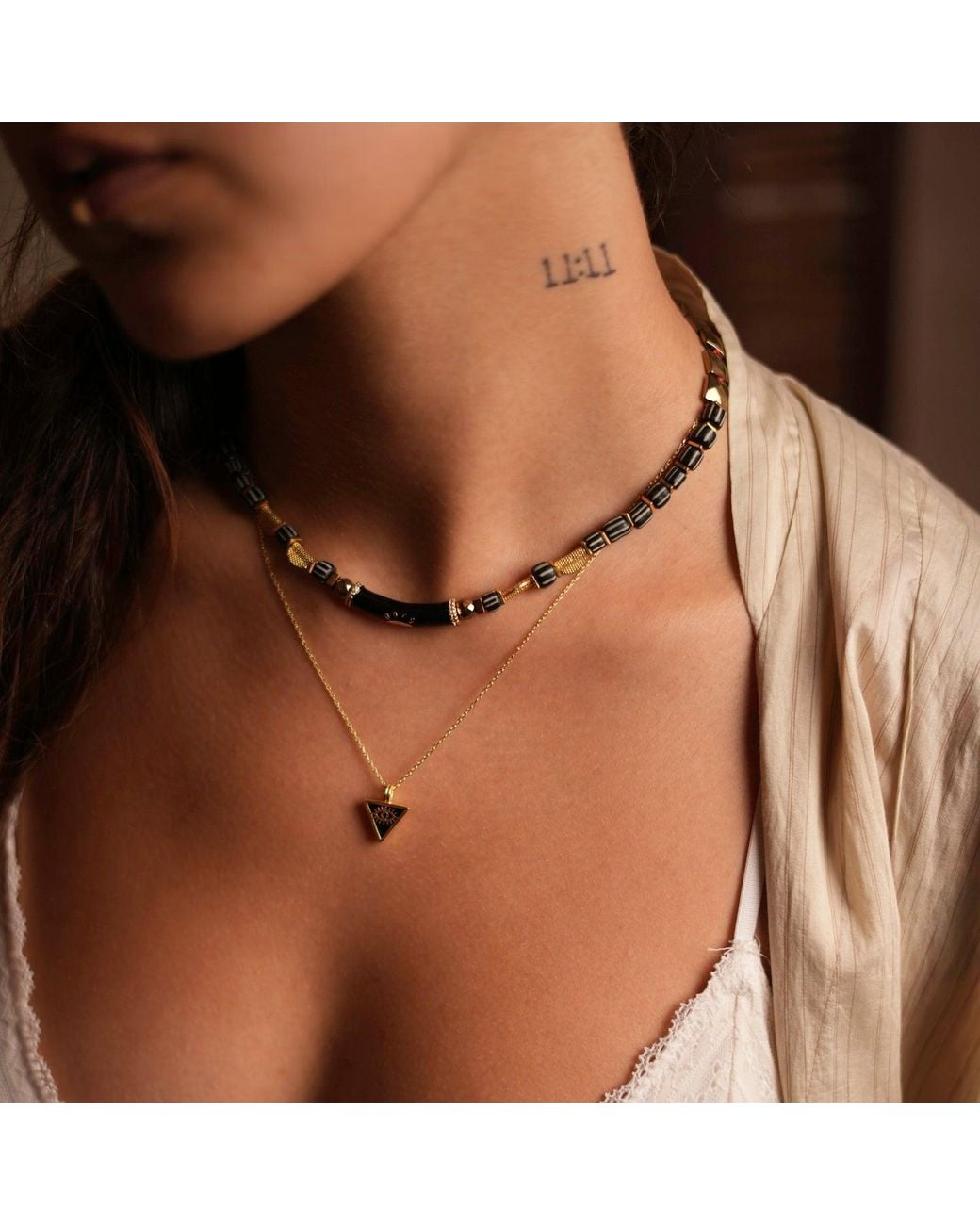 Ebru Jewelry Metallic Onyx & Triangle Pendant Evil Eye Talisman Necklace