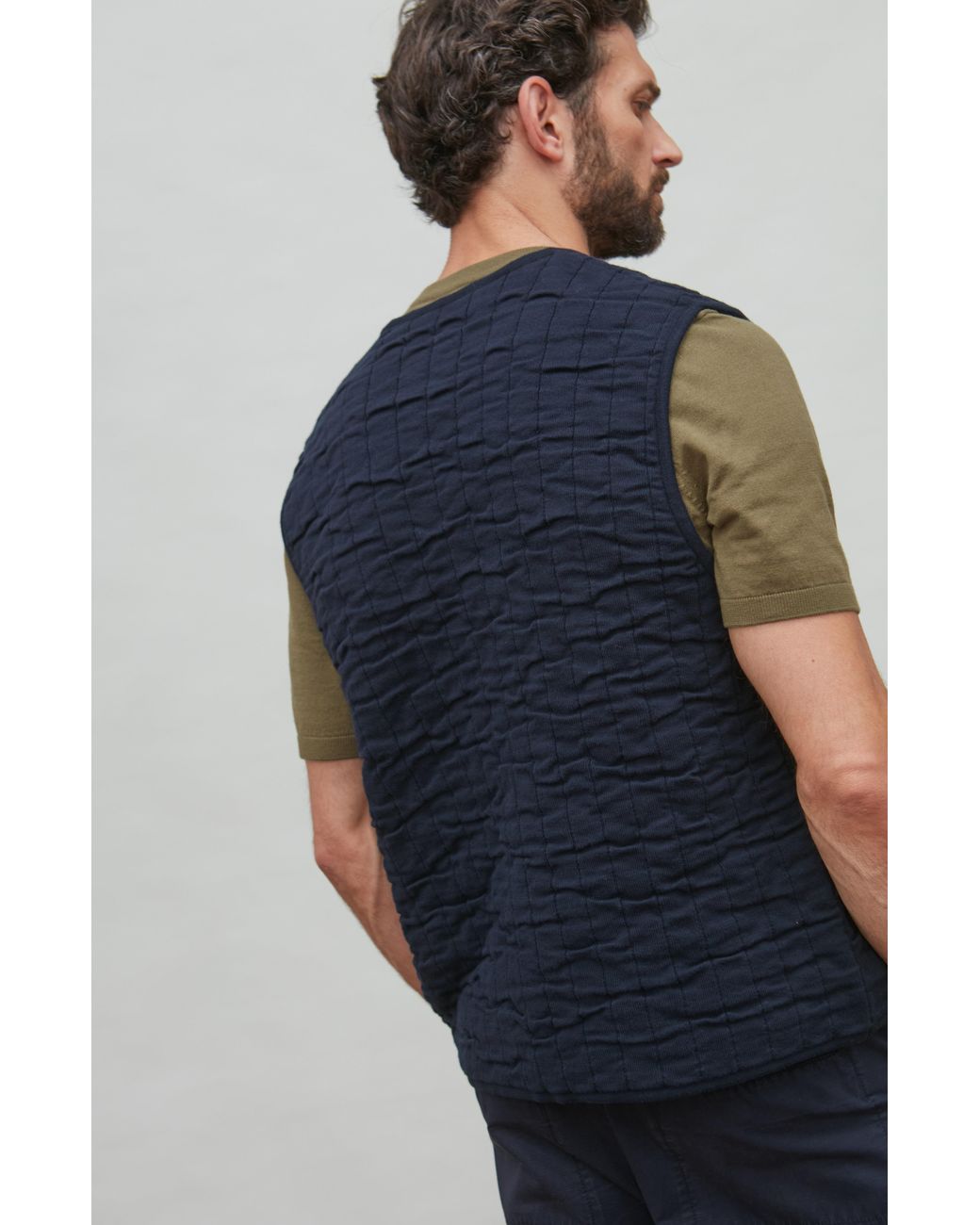Paul James Knitwear Blue Cotton Forrester Quilted Knitted Gilet for men