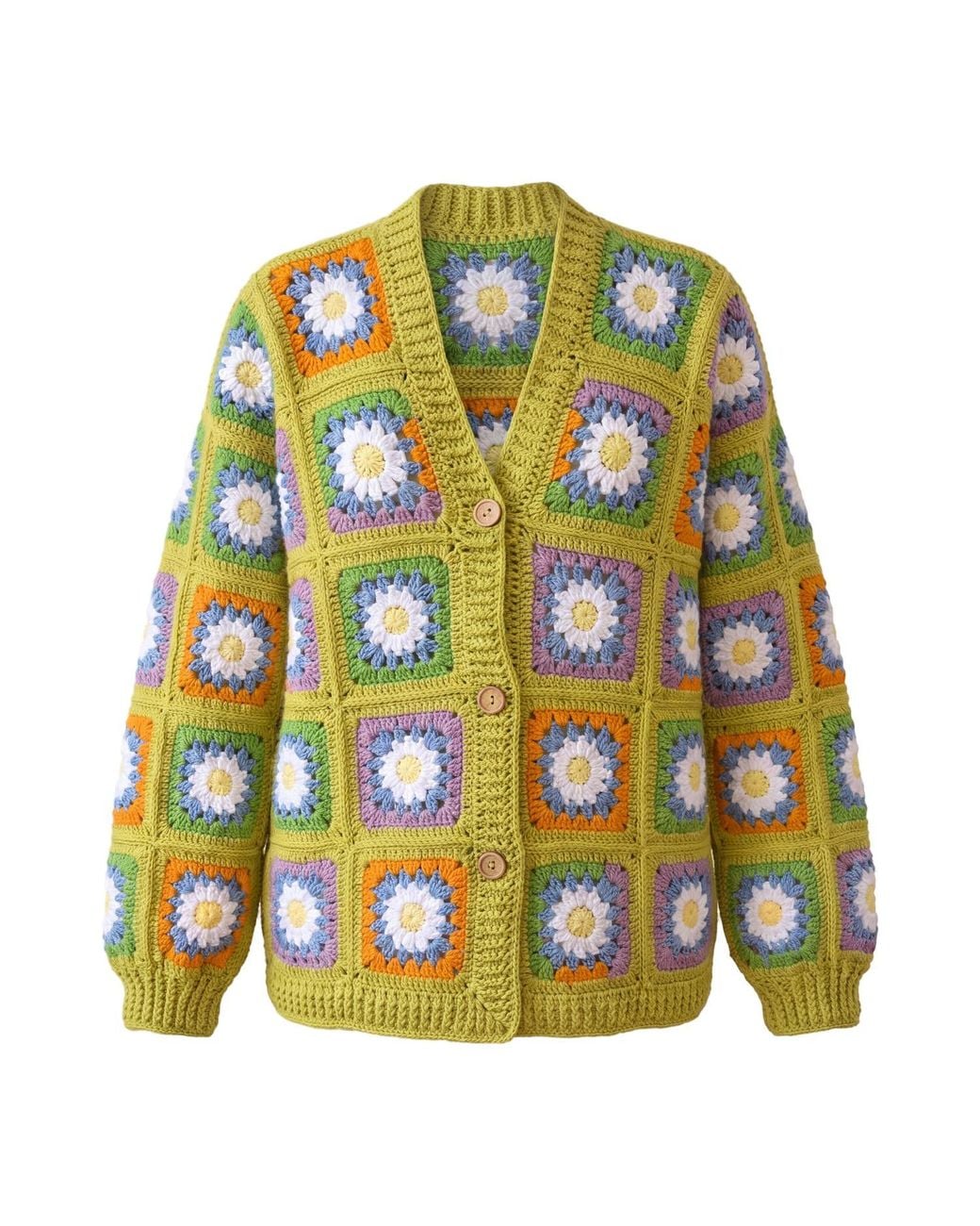 Ana Chic Green Daisy Granny Square Handmade Crochet Cardigan