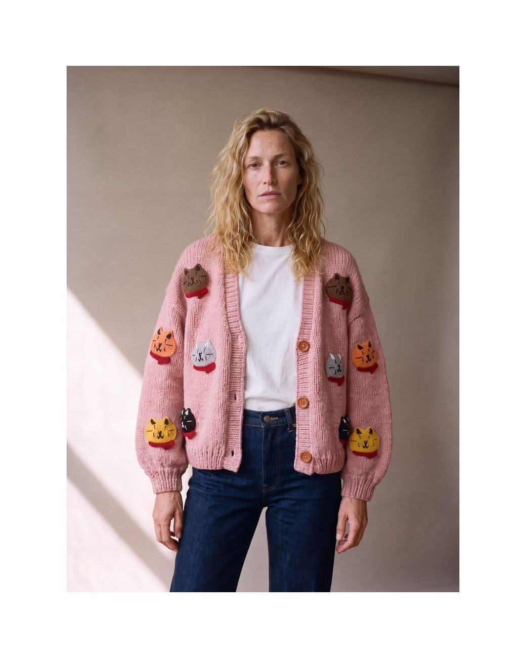 Ana Chic Pink Cat Motif Handmade Knitted Cardigan