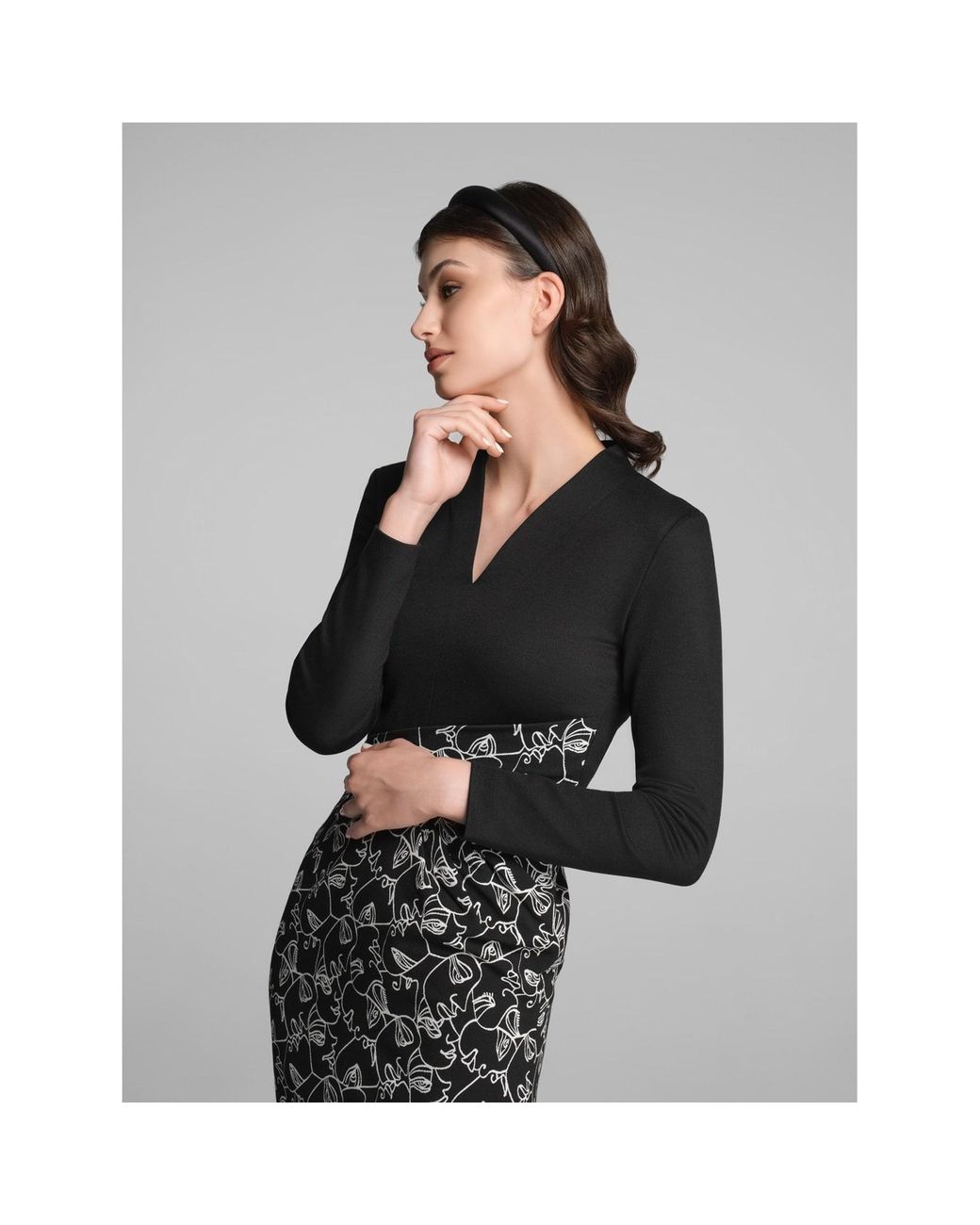 Rumour London Black Michelle Tailored Dress With Contrasting Contour Jacquard Skirt