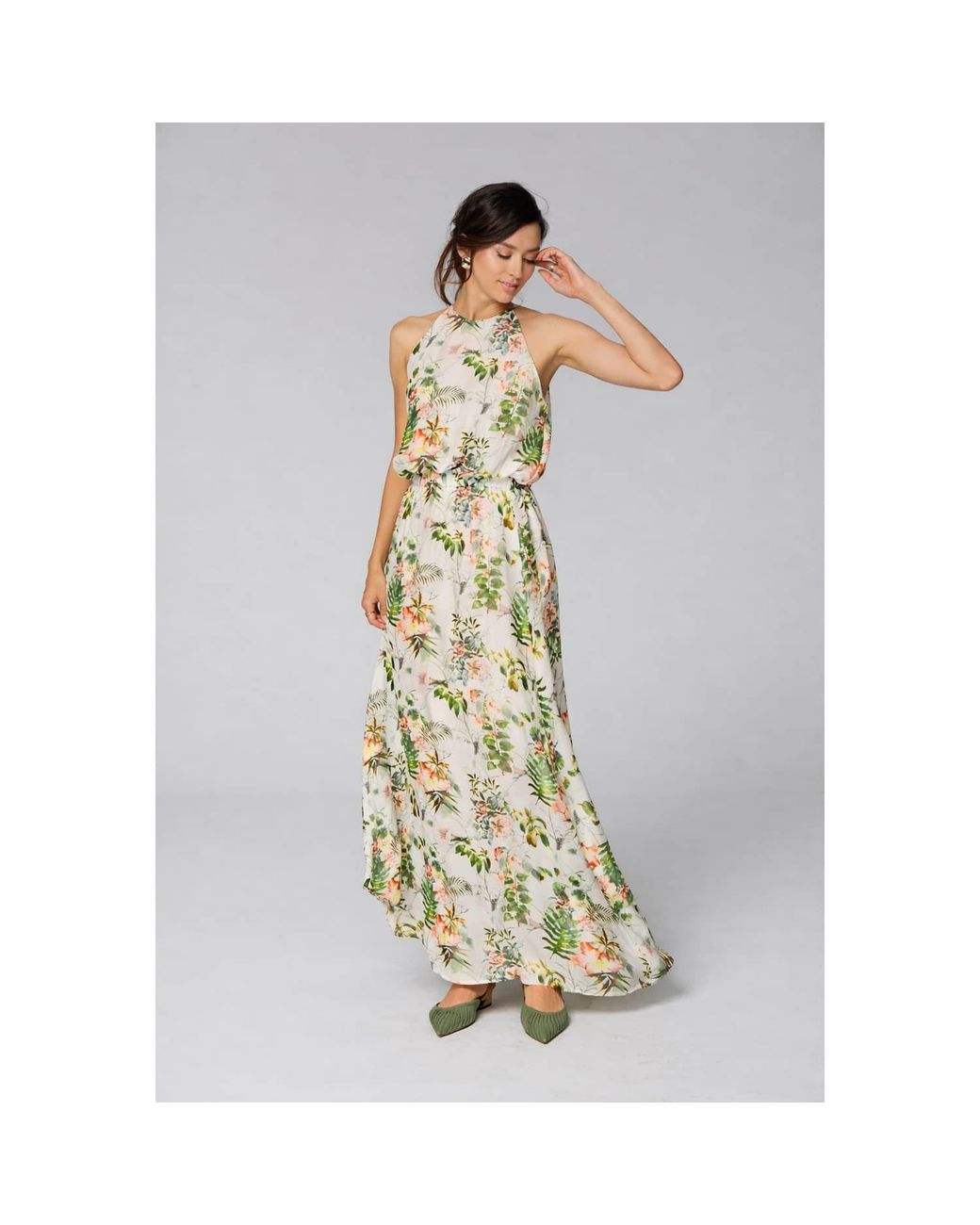 Oh!Zuza Metallic Neutrals Maxi Cupro & Modal Dress – Botanical Print