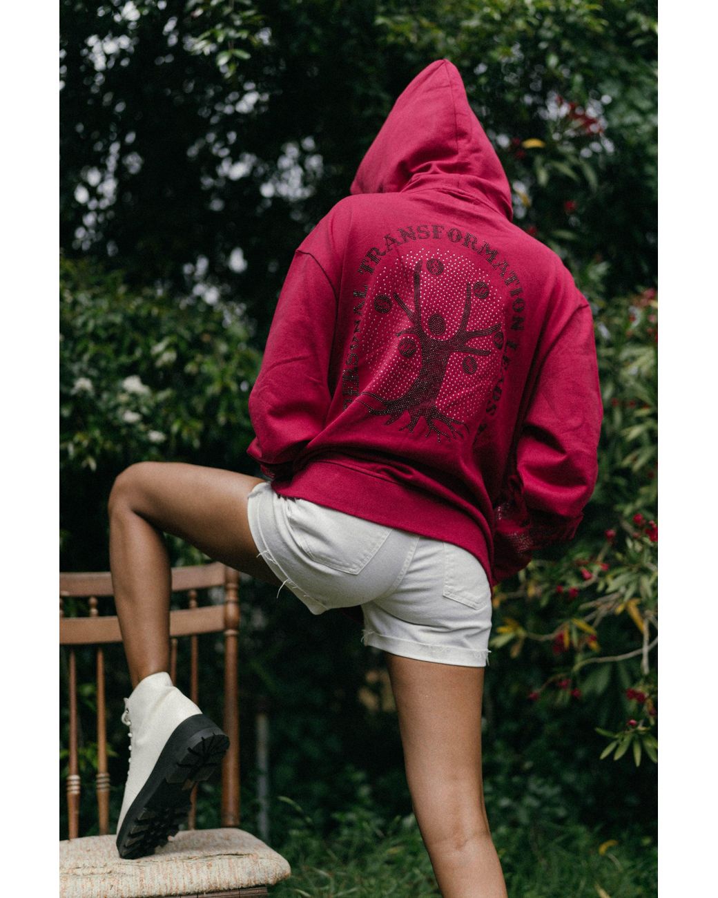 Miracles Manifester Red Positive Affirmation Hoodie With Rhinestone Design