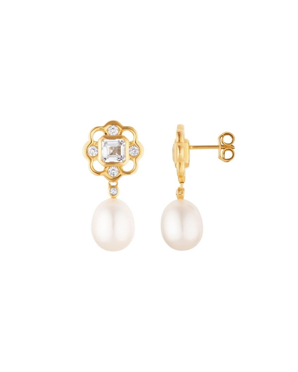 Lulu B London Metallic Topaz & Pearl Gemstone Flower Stud Drop Earrings