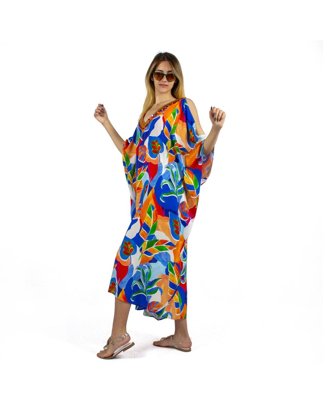 Lalipop Design Blue Colorful Leaf Print Open Shoulder Viscose Kaftan