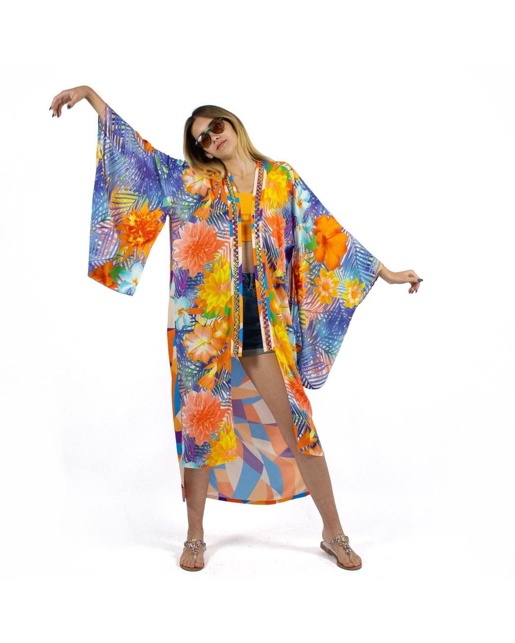 Lalipop Design Orange Viscose Kimono With Embroidery & Fringe Details