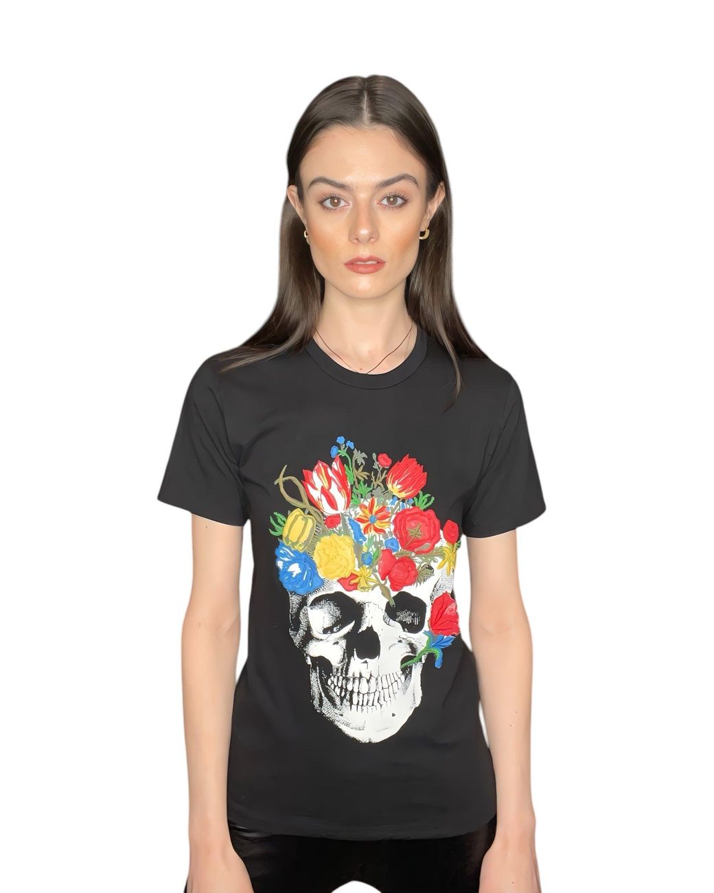 Any Old Iron Black Skull Bouquet Embroidered T-Shirt