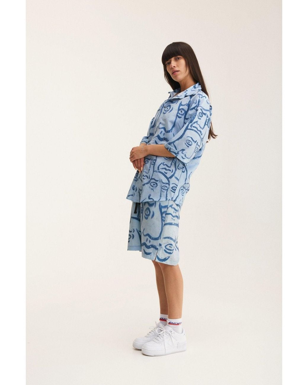 mysimplicated Blue Short Sleeve Shirt And Bermuda Set With Faces Design