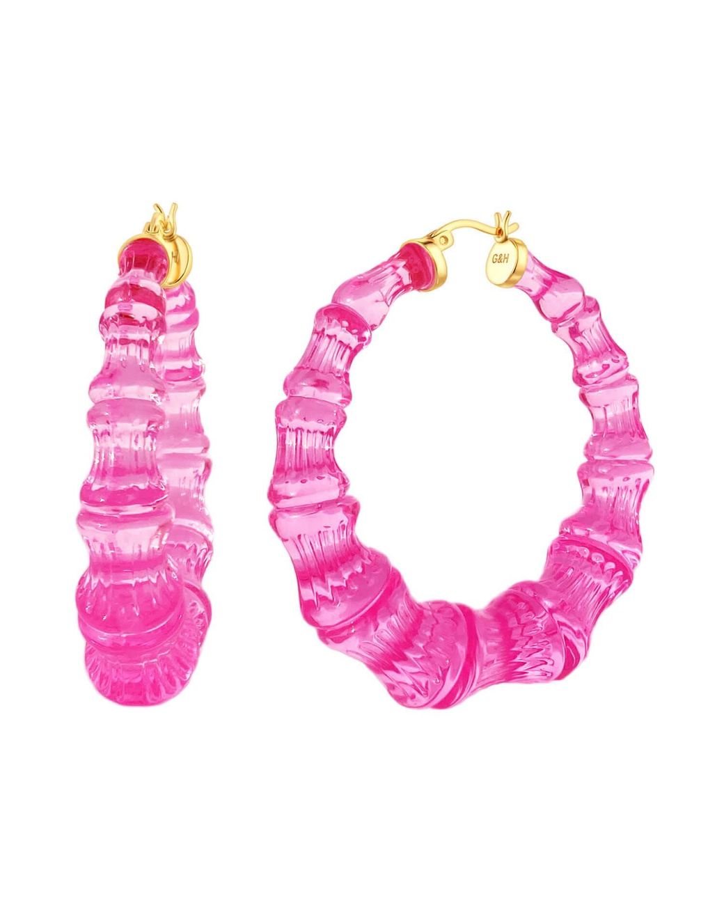 Gold & Honey Pink Hot Bamboo Lucite Hoop Earrings