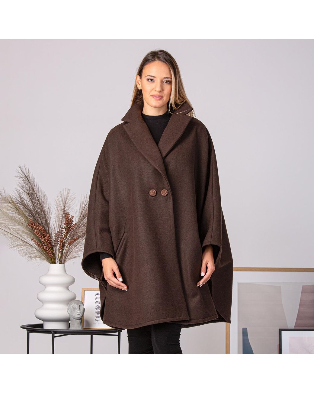 Nikka Place Brown Oversize Wool Cloak Coat With Pockets