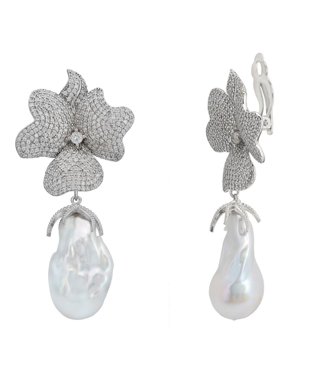 Latelita London Metallic Baroque Pearl Flower Clip On Drop Earrings