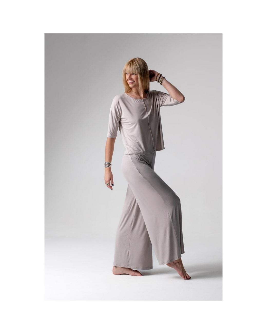 Oh!Zuza Natural Neutrals Jackie Loungewear Pyjama Set, Wide-Leg Trousers – Almond Milk
