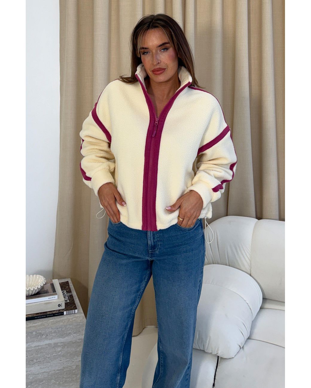 Girl In Mind Pink Lulu Contrast Binding Full Zip Fleece Butter