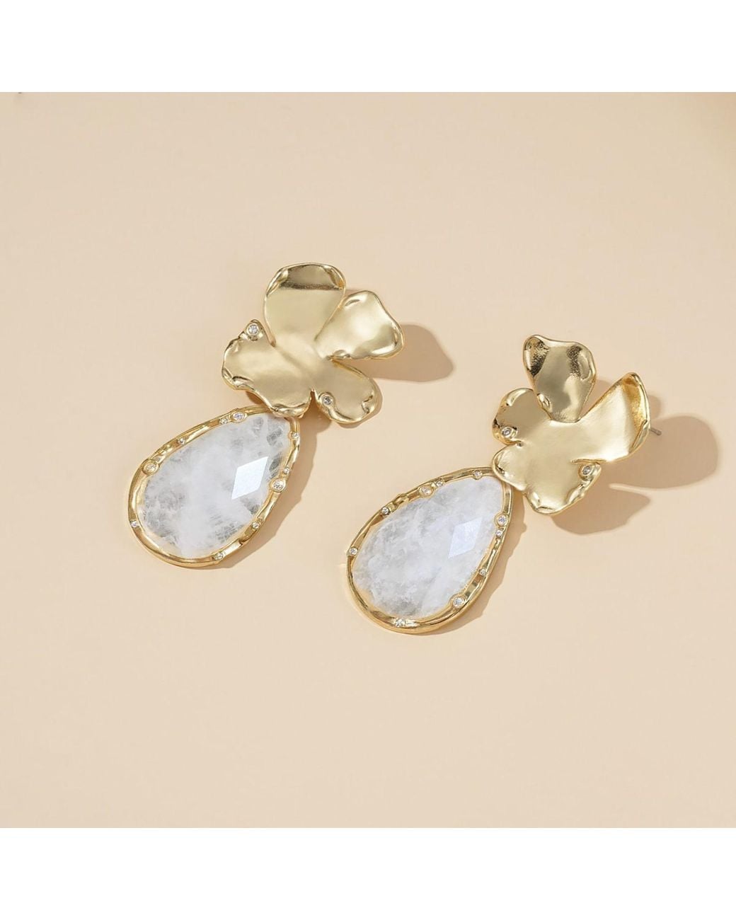 Rare Matters Jewelry Metallic Golden Flora Statement Clear Quartz Drop Earrings