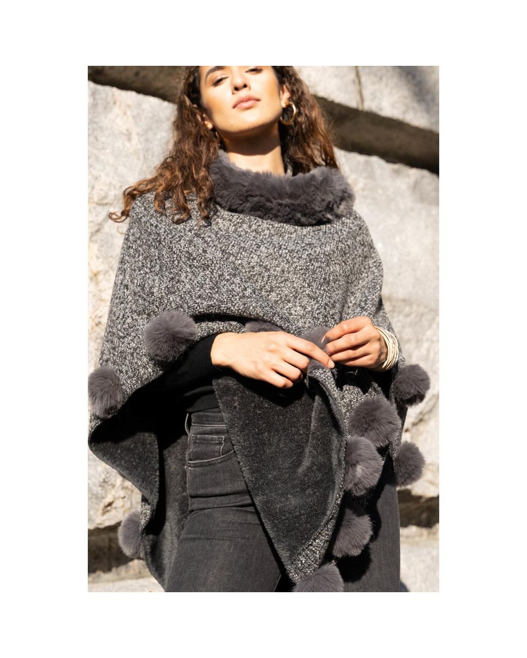 Saachi Gray Faux Fur Poncho Pom Pom
