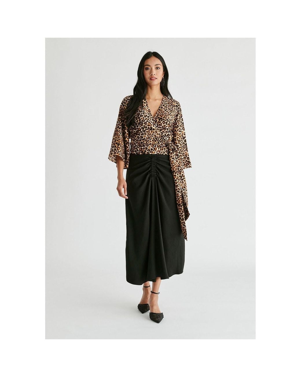Paisie Black Ruched Front Midi Skirt
