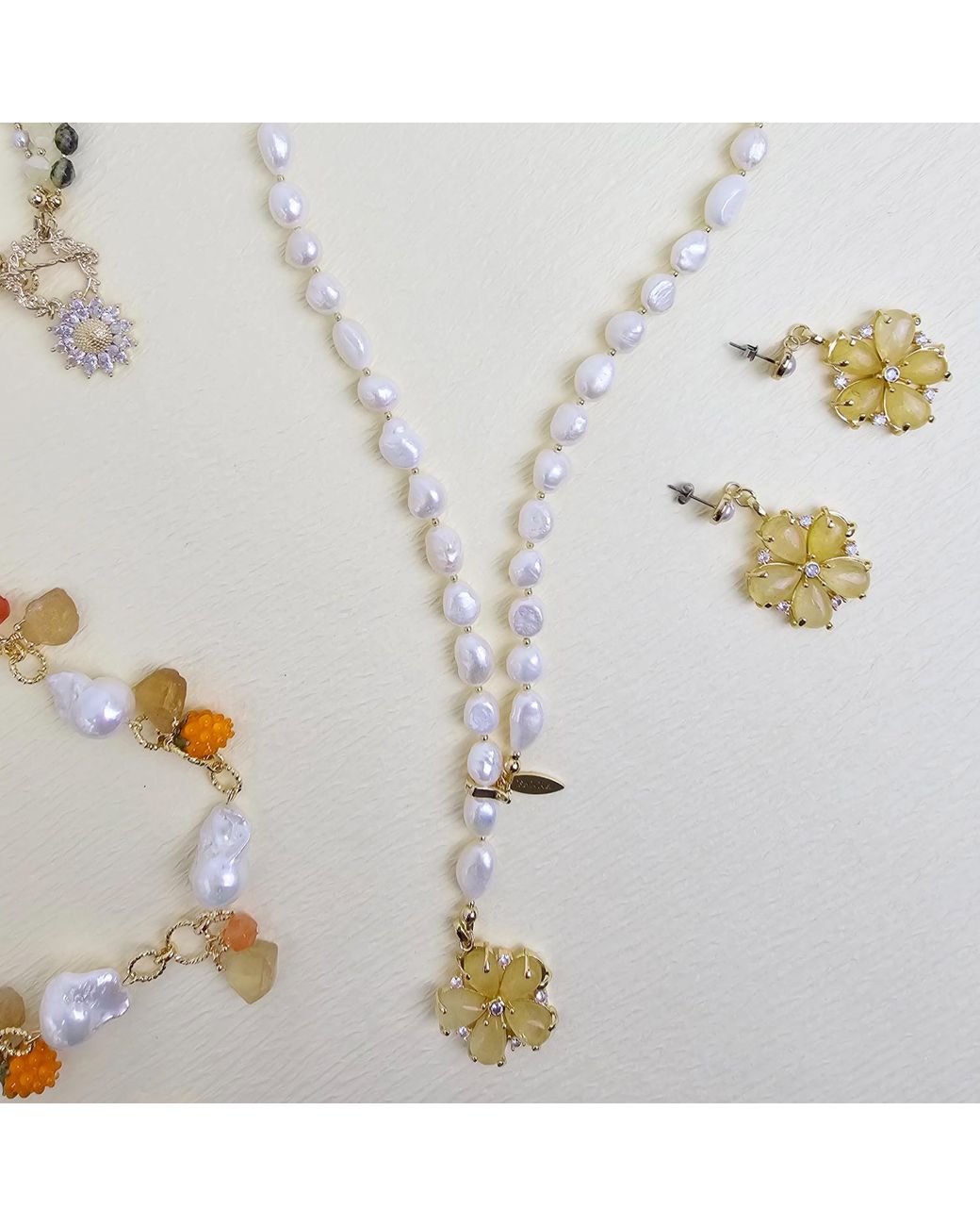 Farra Metallic Irregular Freshwater Pearls With Citrine Flower Pendant Lariat Necklace