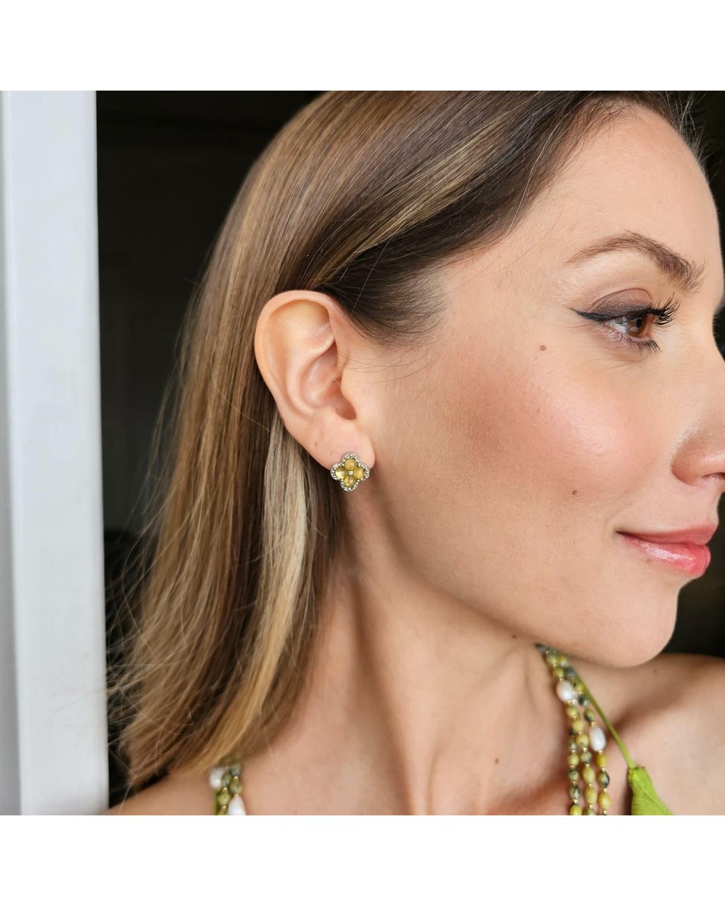 Farra Green Minimalist Flower Shaped Prehnite Stud Earrings