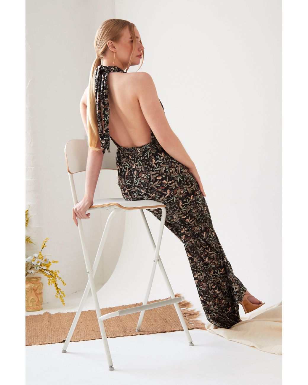 Sarvin Multicolor Floral Velvet Backless Jumpsuit