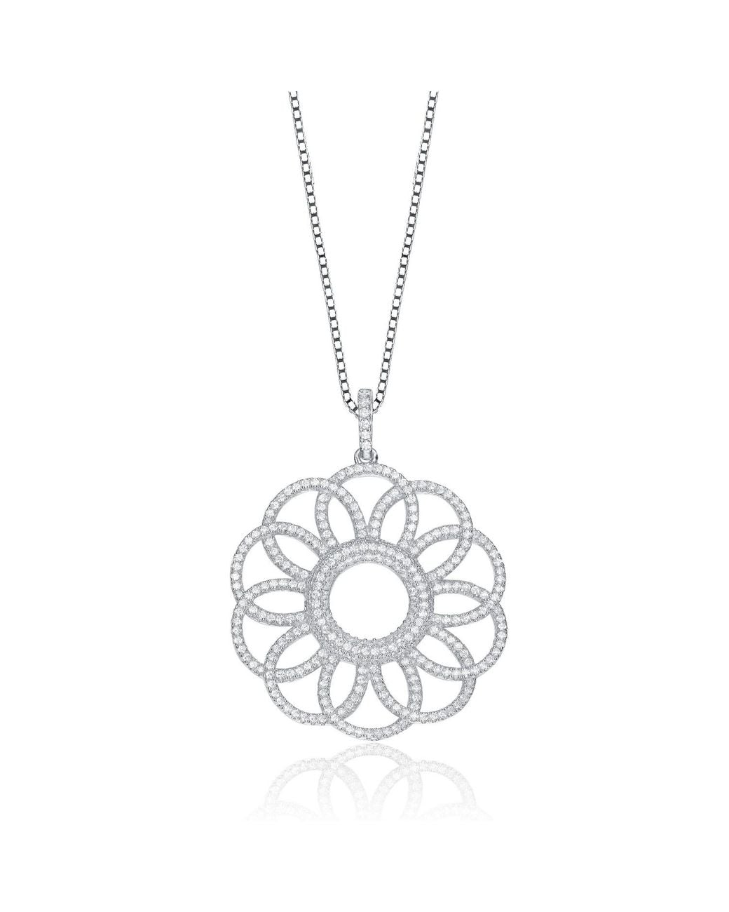 Genevive Jewelry Metallic Sterling Cubic Zirconia Floral Pendant Necklace