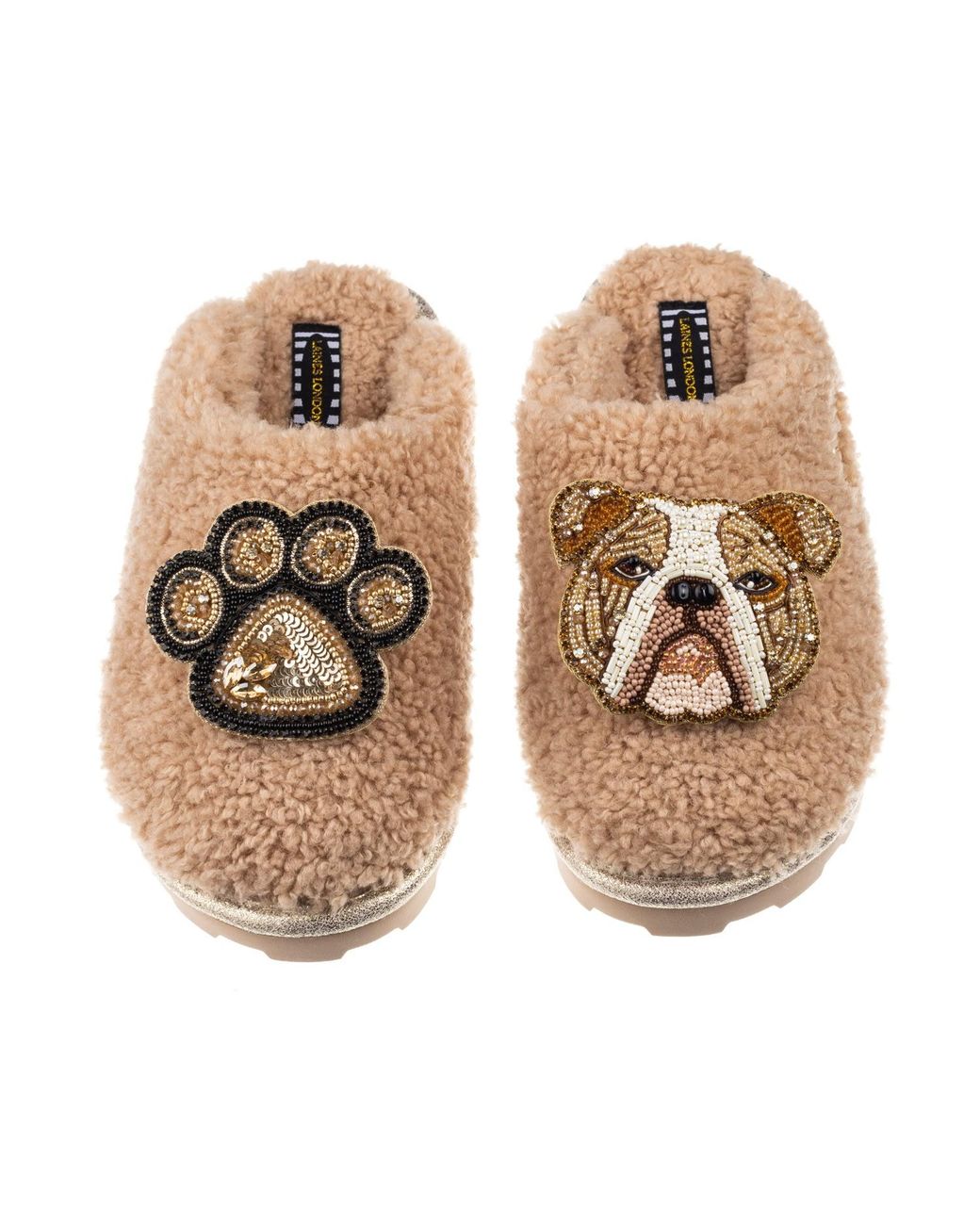 Laines London Metallic Teddy Towelling Closed Toe Slippers With Mr Beefy Bulldog & Paw Brooch