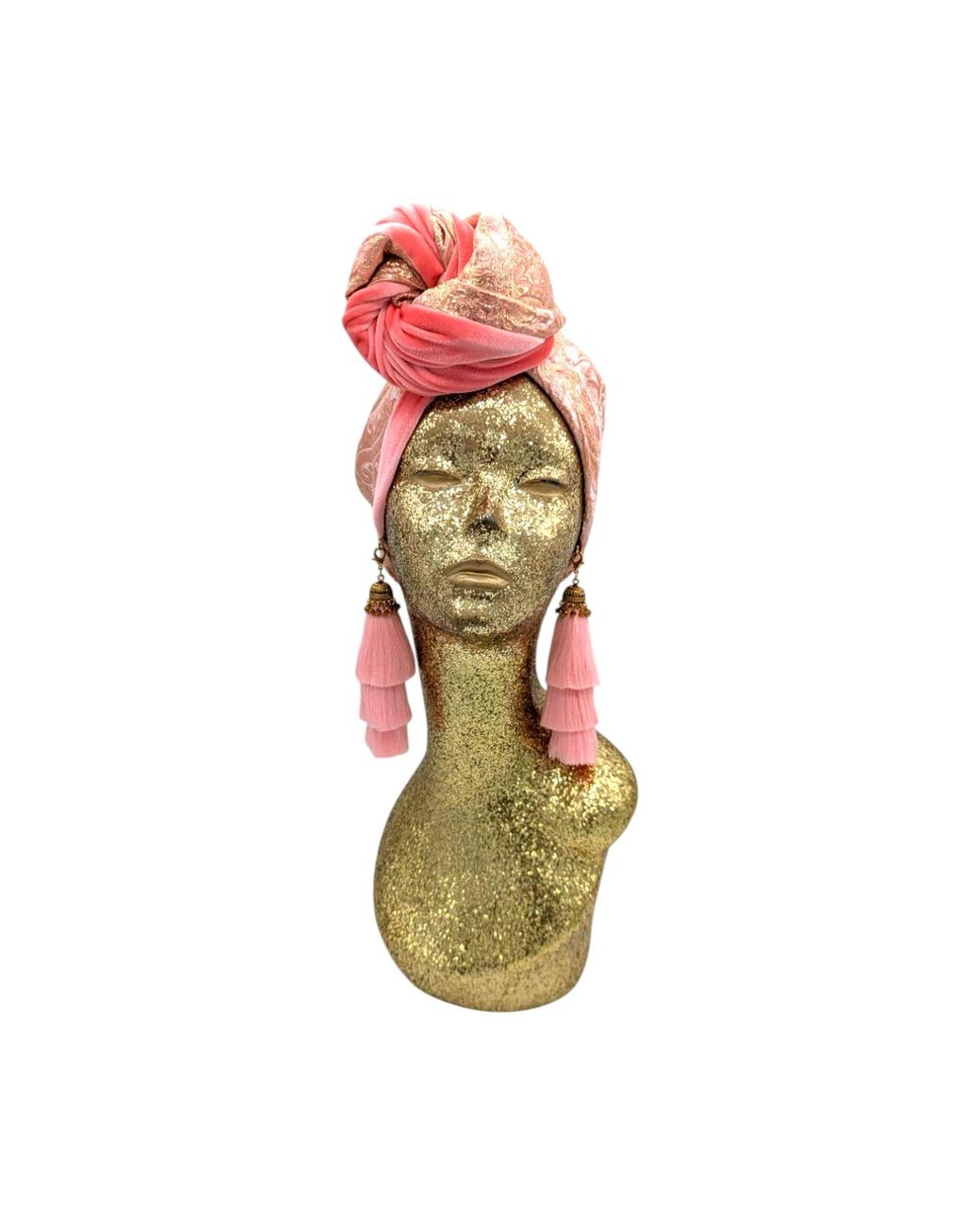 Julia Clancey Red Golden Brocade & Coral Velour Luxe Swinglette Turban