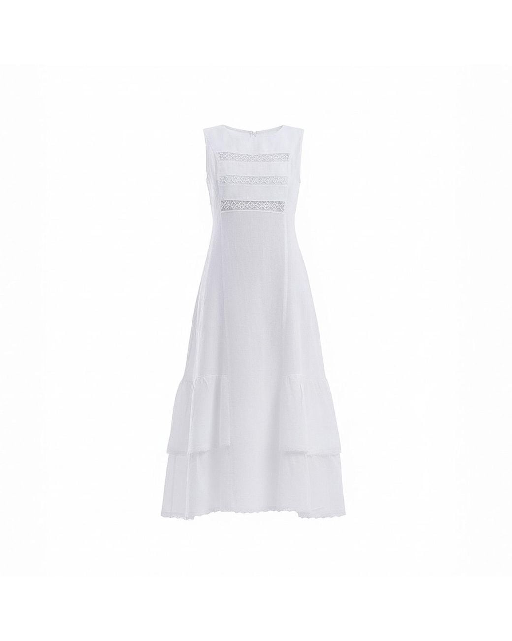 Haris Cotton White Linen Maxi Sleeveless Dress With Lace Trim Details And Ruffles