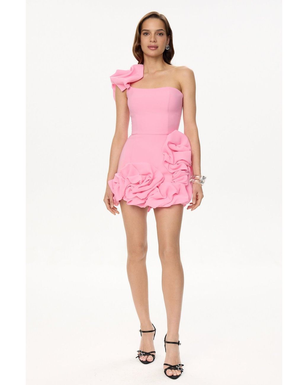 POST MERIDIEM Pink Flounced Bottom One Shoulder Bustier Dress