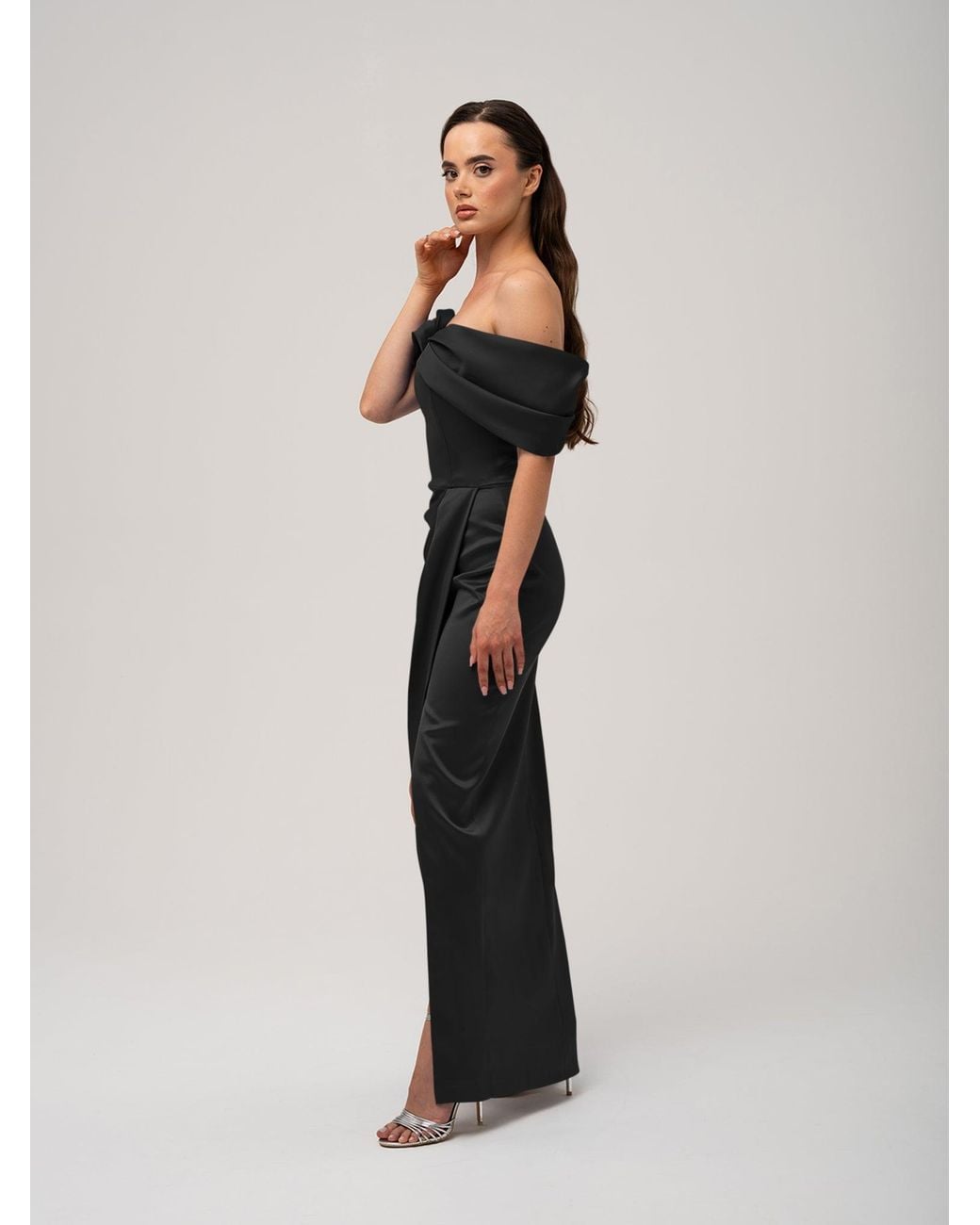 Tia Dorraine Black Heavenly Kissed Draped Satin Maxi Dress