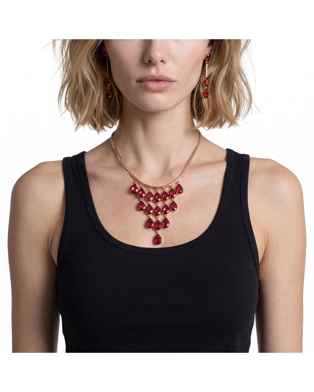 Modenaire Red Tone Apple Crystal Necklace And Earring Set