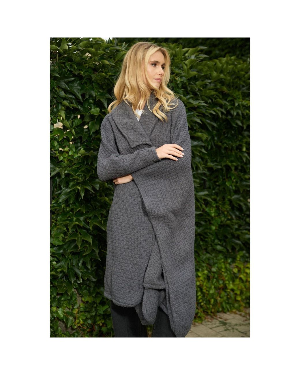 Saachi Blue Comfy Oversized Waffle Knit Collared Dark Jacket