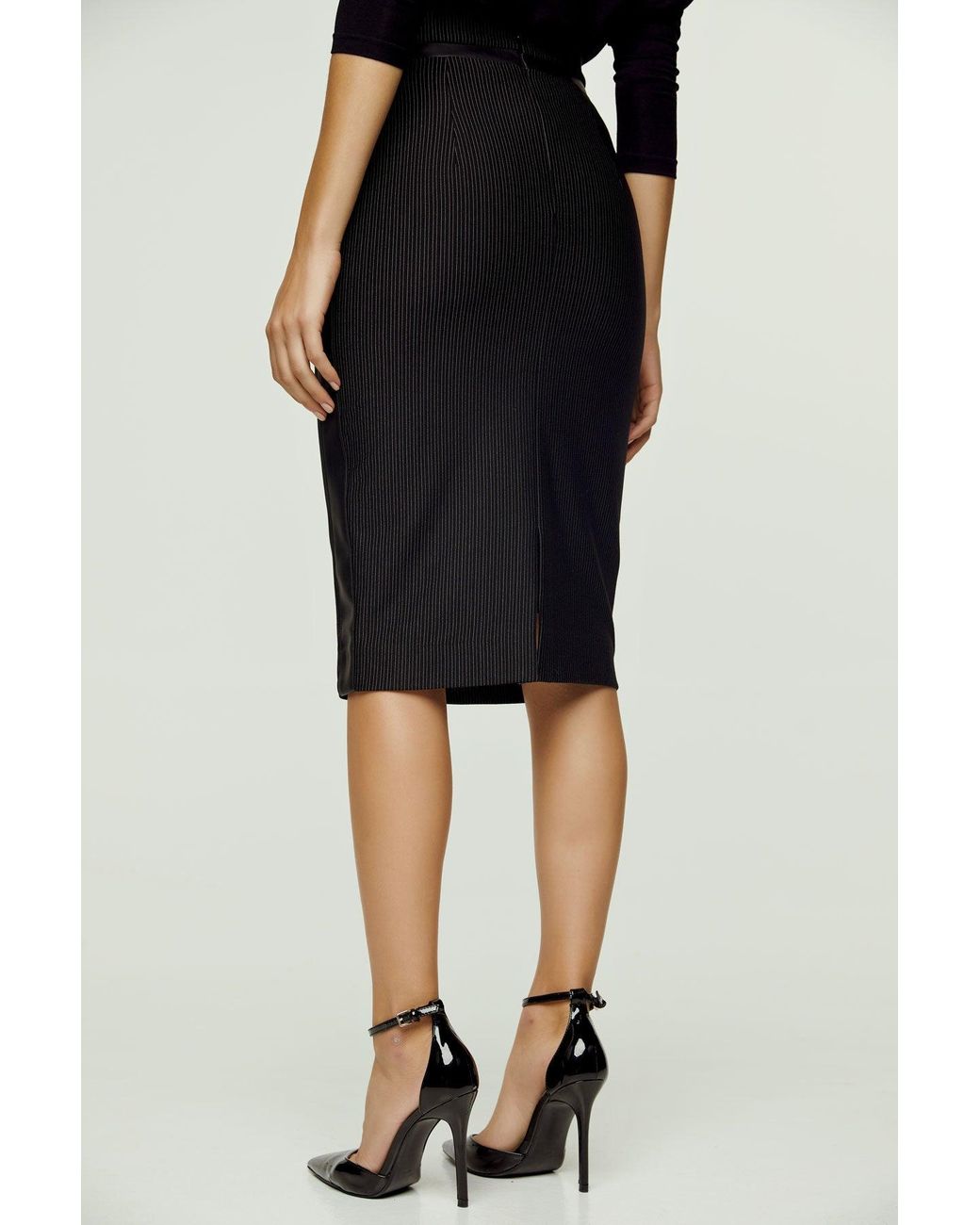 Conquista Gray High Waisted Pencil Skirt With Leather Detail