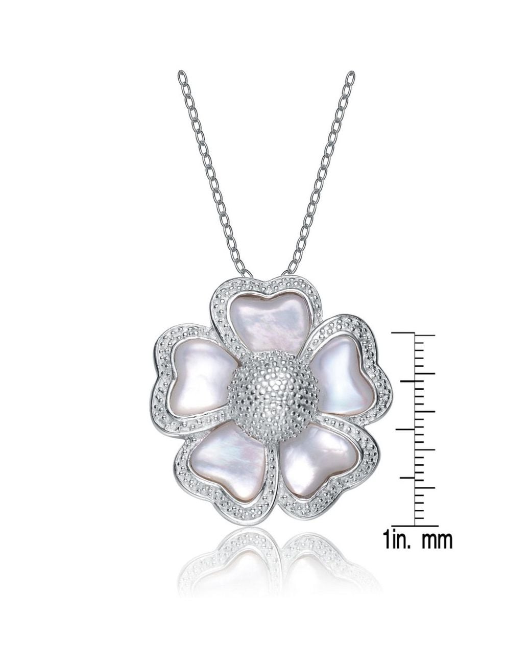 Genevive Jewelry Metallic Cubic Zirconia Sterling Rhodium Plated Mother Of Pearl Flower Pendant