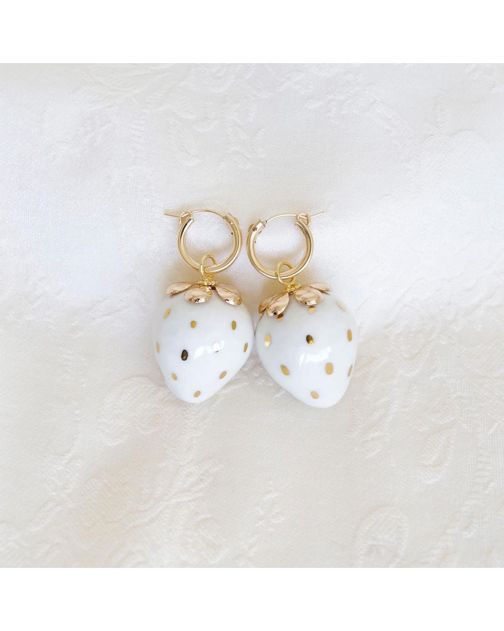POPORCELAIN Metallic Golden White Porcelain Strawberry Earrings