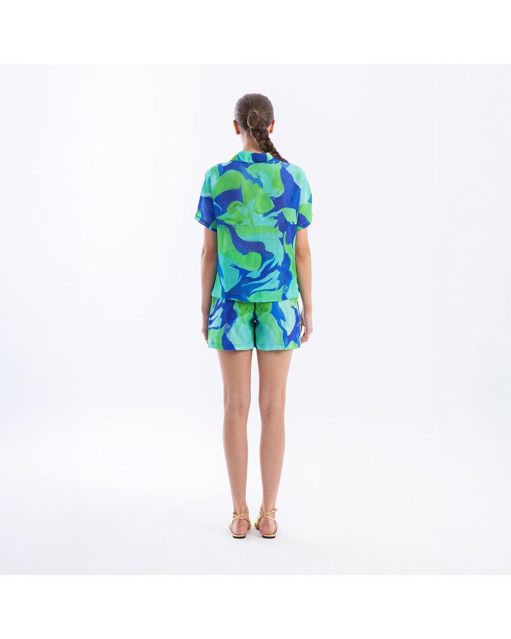 Haris Cotton Green Printed Linen Shorts With Front Pleats Lagoon