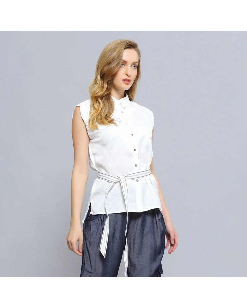 Smart and Joy White Sleeveless Shirt With Trimming for men