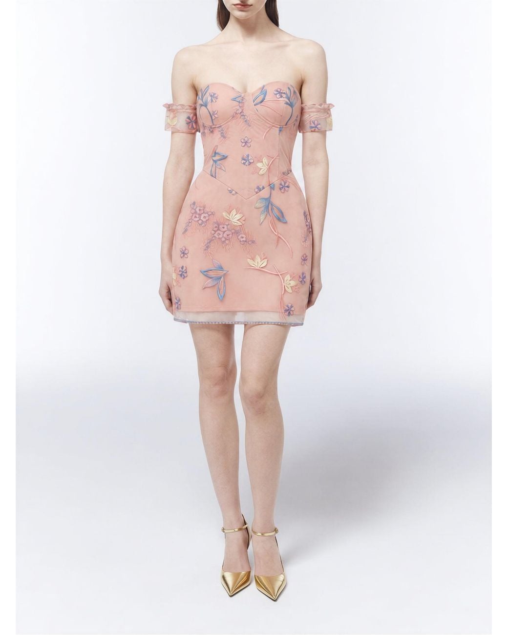 Sour Figs Pink Floral-Embroidered Off-Shoulder Mini Dress