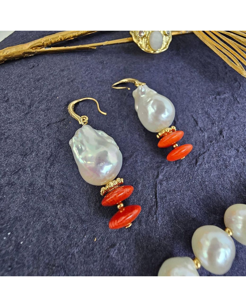 Farra White Baroque Pearl With Bamboo Coral Earrings