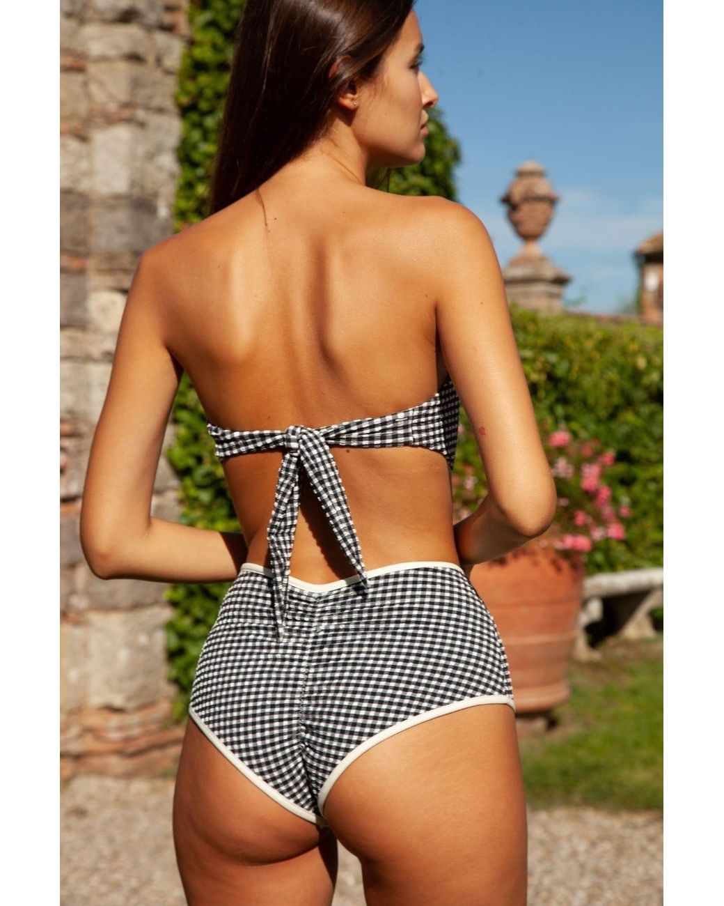 Montce Black Micro Gingham Tori Ties Bandeau Bikini Top