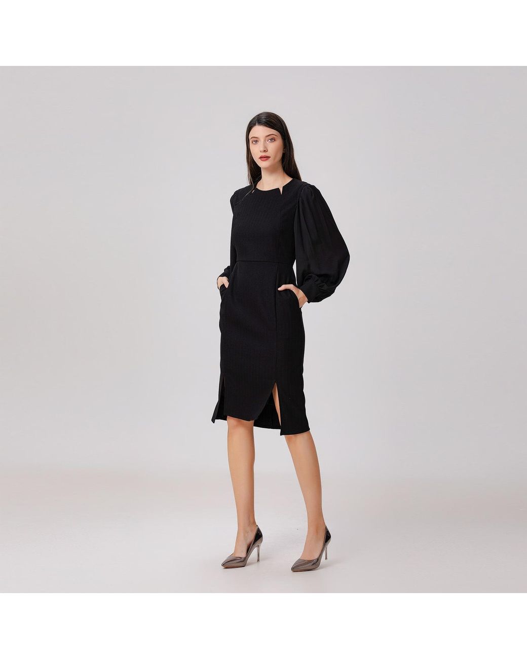 Smart and Joy Black Chiffon Sleeves Tailor Dress