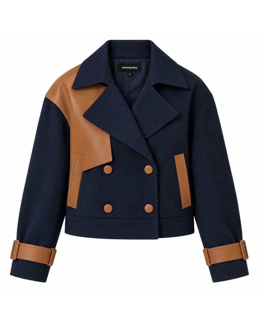 Smart and Joy Blue Short Double-Breasted Trench Coat With Contrasting Panels