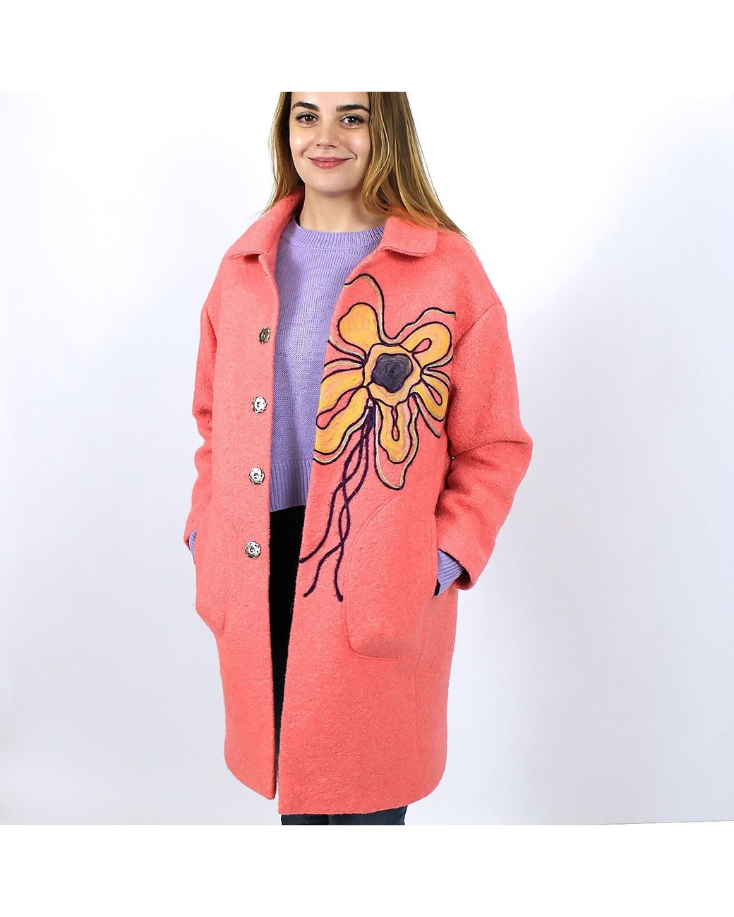 Lalipop Design Pink Wool Blend Coat With Flower Embroidery
