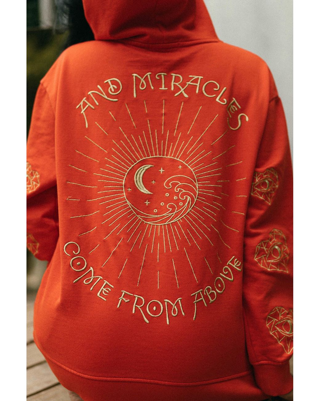 Miracles Manifester Orange Show Your Love Affirmation Embroidered Hoodie