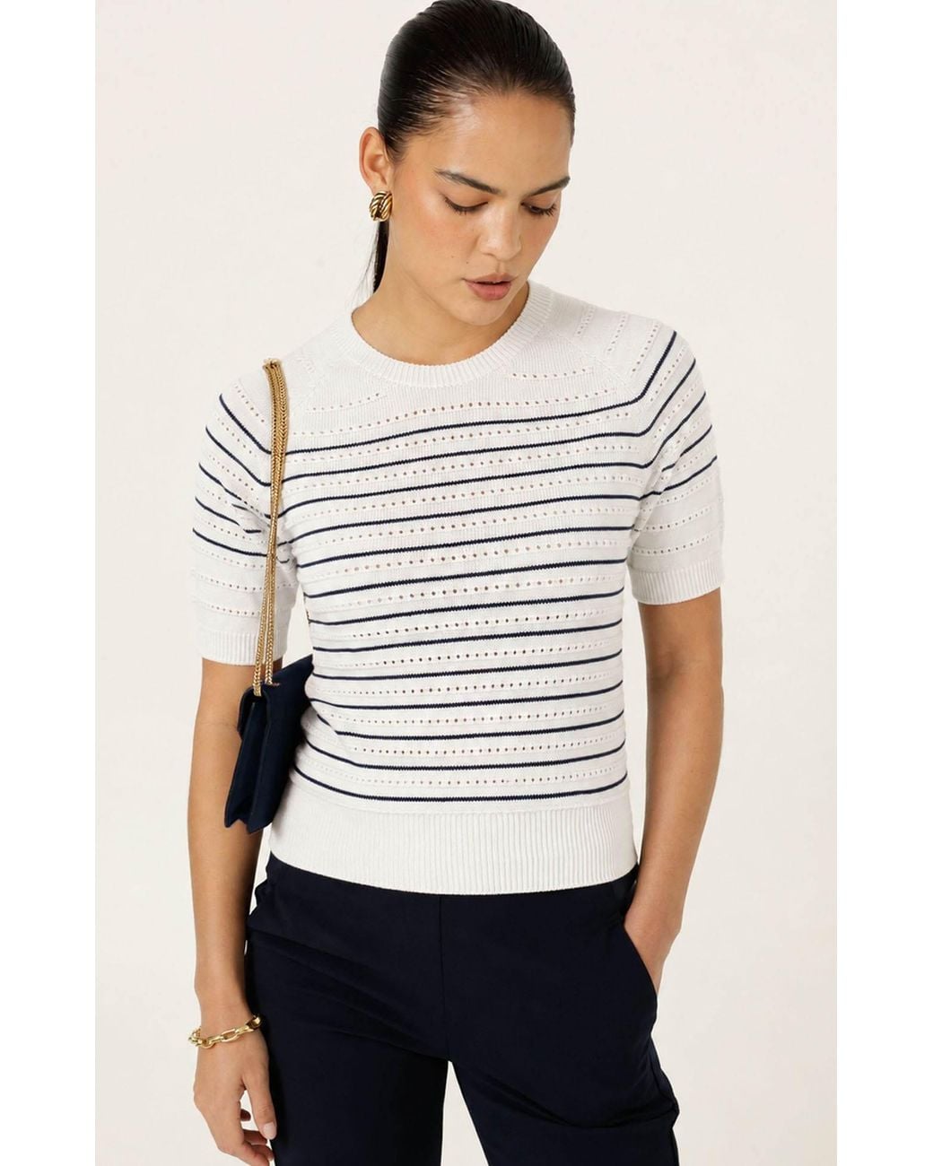 SACHA DRAKE White Eyelet Stripe Knit Top